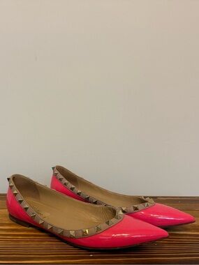 Valentino Rockstud Pointed Toe Flats Pink Patent Leather Size 37